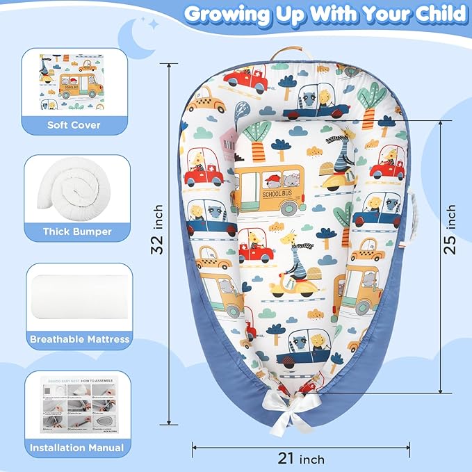 Baby Lounger - Baby Lounger for Newborn 0-24 Months, Breathable and Soft Cotton Cover Baby Nest, Portable Cozy Tummy Time Lounger for Home and Travel, Ideal Baby Essentials & Shower Gifts