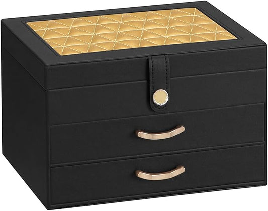 Black Jewelry Box Organizer: Home Decor for Women - 2-Drawer Holder for Valentine’s Day Birthday Christmas Black Gold