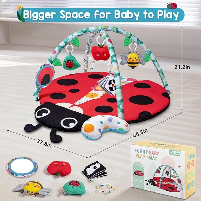 Jyusmile Baby Play Gym Mat, 8-in-1 Tummy Time Mat with 6 Toys, Washable Baby Activity Mat for Visual, Hearing, Sensory, Motor Development, Baby Essentials Gift for Newborn Infant 0-3-6-9-12 Months