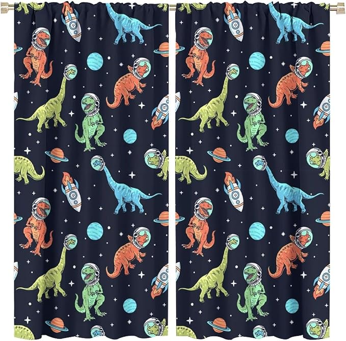 Cartoon Dinosaur Curtains for Kids Boys Girls Home Decor, Astronaut Rocket Funny Outer Space Blackout Rod Pocket Window Drapes for Bedroom Living Room W31.5xL63in 2 Panels