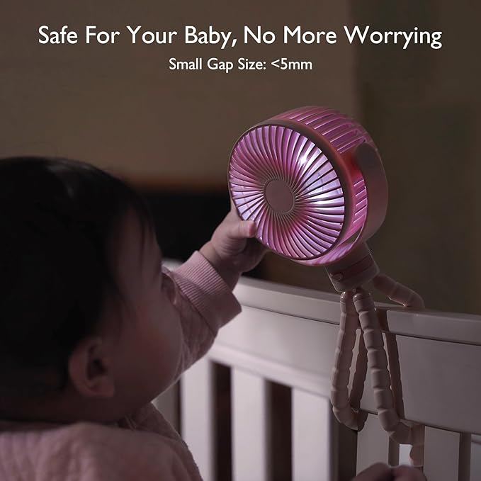 Momcozy Portable Stroller Fan, 8000mAh, 27H Ultra-long Battery Life, Detachable 4 Speed 360°Rotate, LED Night Light with 2 Modes, USB Rechargeable Handheld Cooling Fan for Travel, Car Seat, Bedroom