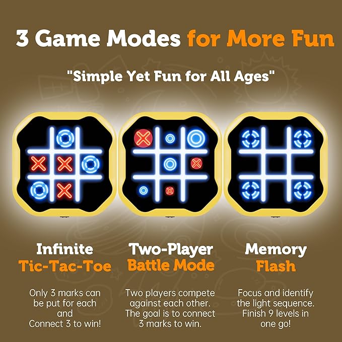 3 in 1 Electronic Tic Tac Toe Game, Handheld Digital Tic Tac Toe Bolt Game with Silent Mode, Portable Learing Toy Gift for Kids & Adults, Yellow