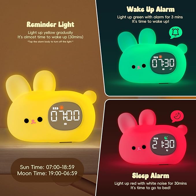 Bunny Alarm Clock with Night Light for Kids with Sleep Training and Sound Machine, Rechargeable Silicone Lamp OK to Wake Clock，Cute Animal Tabletop Lamp, Perfect Sleep Companion for Boys Girls