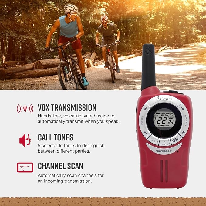 Cobra ACXT360 Water Resistant Walkie Talkies for Adults & Compatible Cobra Surveillance Headset: Rechargeable, 22 Channels, Long-Range, 3 Two-Way Radios, 2 Headsets, White, Silver and Red