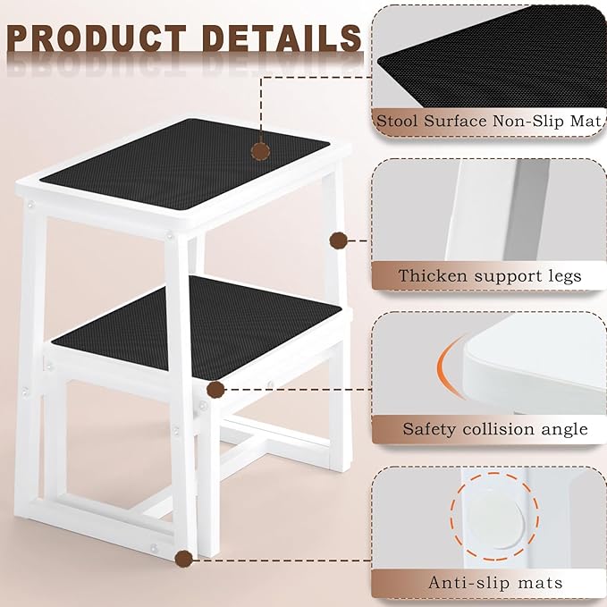 2 Step Stools for Adults Kids, Anti-Slip Sturdy Wooden Foot Stools with 500 Lbs Capacity for High Beds,Closet, Bathroom,Kitchen, Potty Training