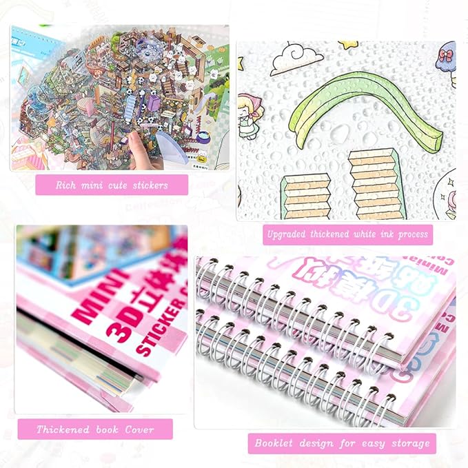 Dwpetzo 20 Sets DIY 3D Sticker Scenes for Adults with Tweezer, Cute 3D House Sticker Therapy for Girls Make Your Own Mini Room Scene Collection Book for Adult Kids Relief Stress Pass The Time