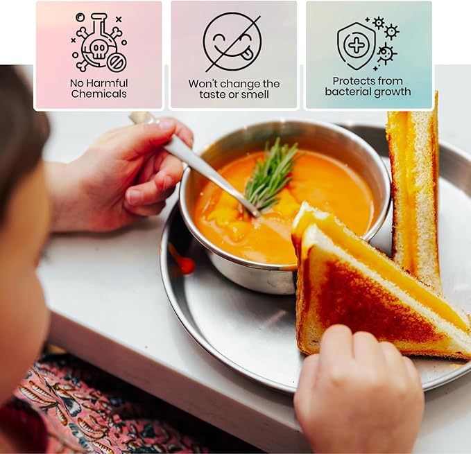 Children's 304 18/8 Stainless Steel Dinnerware Set | 1 Plate (21 cm) and 1 Bowl (10 ounces) | Matte Finish | 100% BPA Free | Non-Toxic | Dishwasher Safe