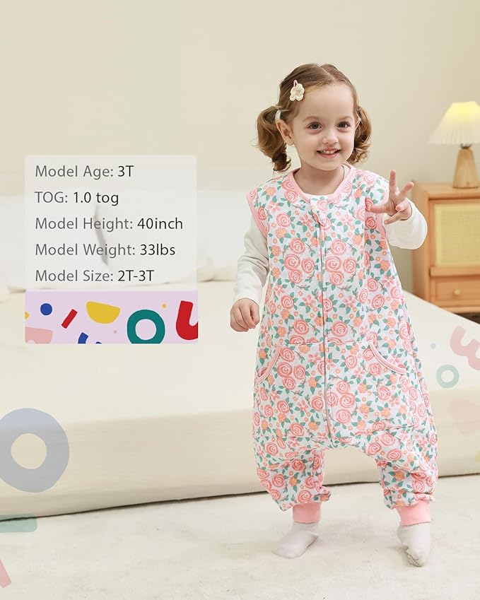 HOMEAL 1.0Tog Sleep Sack with Feet, Toddler Sleep Sacks 3T-5T, Pink Rose