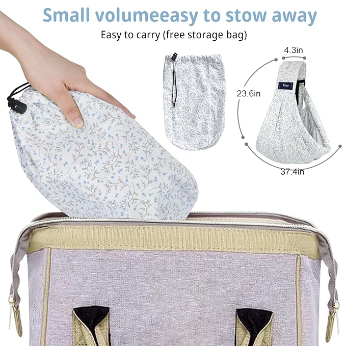 CUBY Wrap Baby Sling Carrier, Baby Wraps Sling Carrier Adjustable Breathable Lightweight Easy to Wearing - Baby Slings for Newborn Infant Toddler Front & Hip Carry Up to 40lbs (Blue Flower)