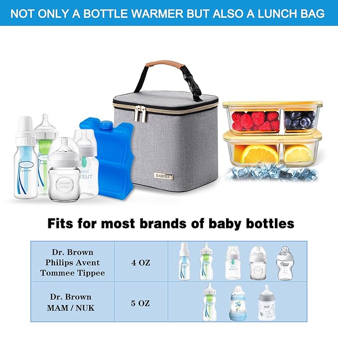 Breast Milk Cooler Bag with Ice Pack Fits 4 Large Baby Bottles Up to 5 Ounce, Baby Bottle Cooler Bag Great for Nursing Mom Daycare, Grey