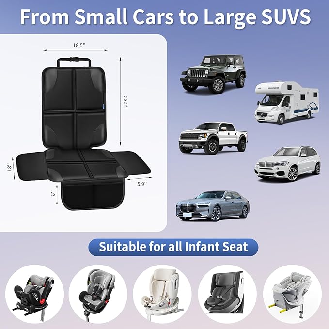 Car Seat Protector, Child Carseat Covers, Protector Car Seat for Baby with Thickest Padded and Non-Slip Waterproof Backing Mesh Pockets for Kids Pets-2 Pack