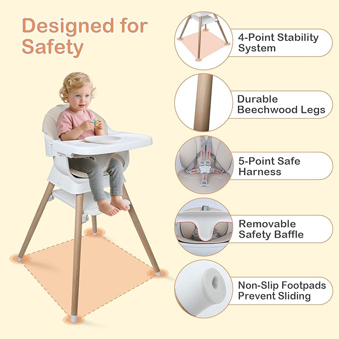 9 in 1 Convertible Baby High Chair with Booster, Wooden Highchair for Babies and Toddlers with Adjustable Tray & 5-Point Harness, Multi-Functional Growing Seat for Feeding, Learning & Play, Beige