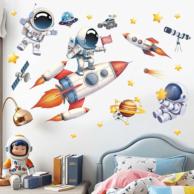 Astronaut Wall Decals - Outer Space Planets Rocket Boys Wall Stickers - Baby Nursery Kids Room Daycare Playroom Wall Decor