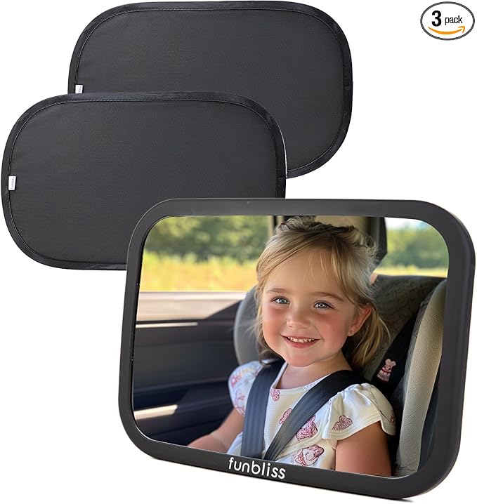 Funbliss Baby Car Mirror + 2-Pack Car Window Shades Bundle -100% Shatterproof, Wide Angle Convex