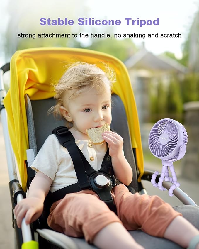 Stroller Fan Clip on for Baby, 4000mAh Rechargeable Battery Operated, Flexible Tripod, 3 Wind Speed, 360° Rotatable, Small Portable Fan for Car Seat Crib Backseat Beach Travel Camping, Purple