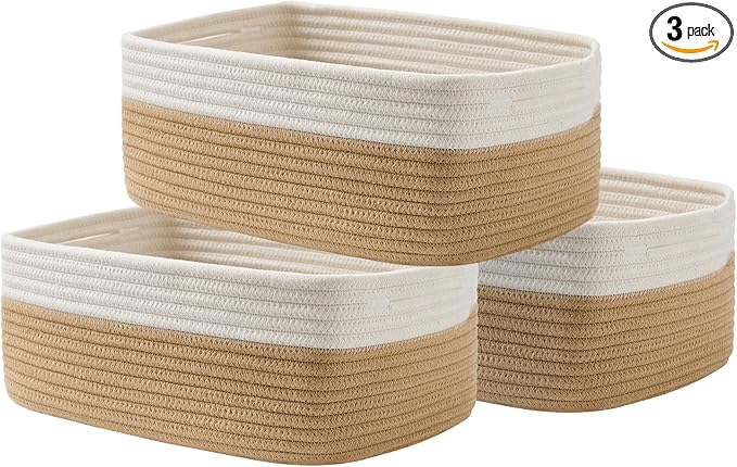 KALLAX Small Woven Basket, 13.5 x 9.5 x 5 Inches, Storage Basket for Organizing, Cute Small Rope Shelf Closet Cube Storage Bins Baskets for Shelves, Dog Toy Gift Baskets Empty, 3 Pack White & Brown