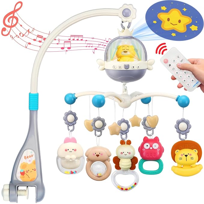 Baby Crib Mobile with Night Lights and Music,Hanging Mobile for Crib Bassinet with Rotation, Projection,Remote Control,Babies Crib Toys for Nursery Newborn Infant Boys Girls (Gray)