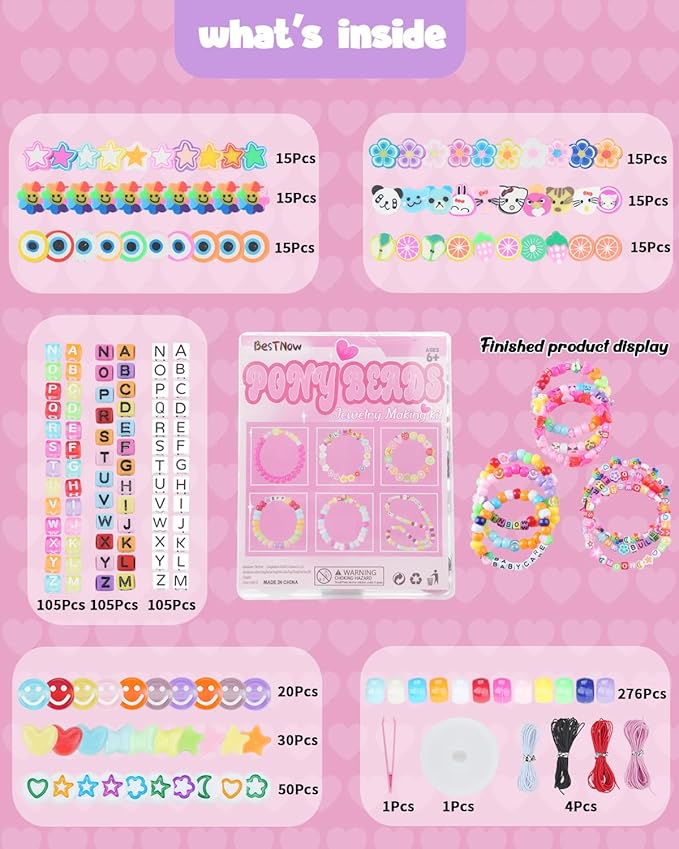 BestNow Bracelet Making Kit Beads for Bracelets Pony Beads Polymer Clay Beads Smile Face Beads Letter Beads for Jewelry Making DIY Arts and Crafts Gifts Toys for Girls Age 6-12