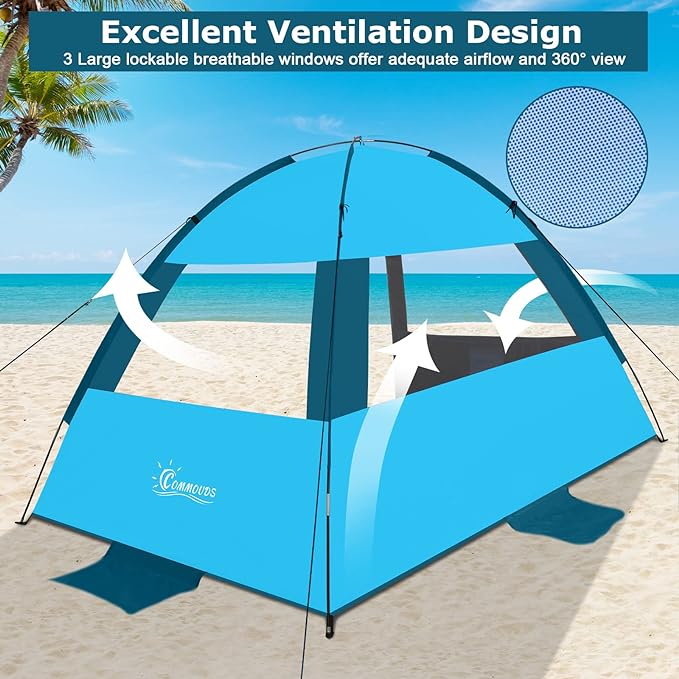 COMMOUDS Beach Tent Sun Shade for 3/4-5/6-7/8-10 Person, UPF 50+ Beach Sun Shelter Canopy Tent, Lightweight, Easy Set Up and Carry