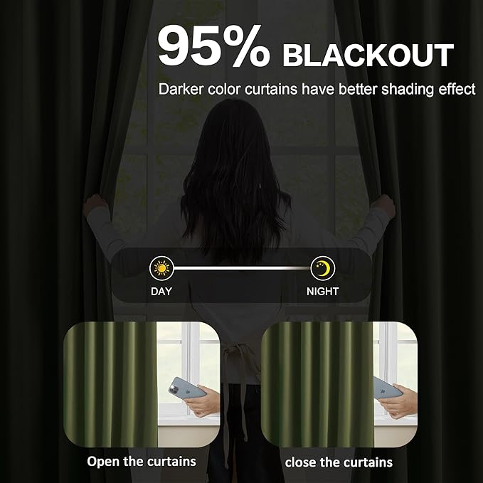 KEQIAOSUOCAI Olive Pinch Pleated Curtains 108 Inches Long, Blackout Energy Saving Curtain for Living Dining Room Light Blocking Window Draperies(Dark Olive,40x108,2 Panels)