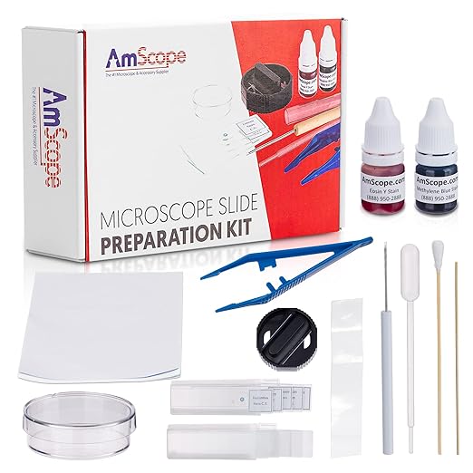 AmScope Microscope Slide Preparation Kit - Includes Blank Microscope Slides, Eosin Red & Methylene Blue Stain Powders, Tweezers, Swab & More - 22-Piece Kit