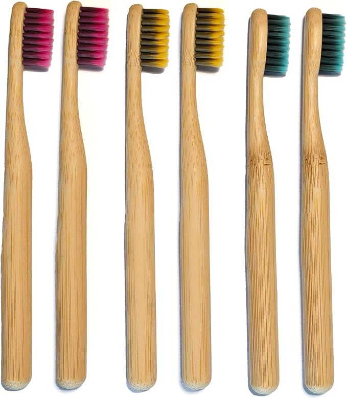 Children Bamboo Toothbrushes for 3 y+ Tots, BPA Free Bristles, Medium Soft, 6 PCS Bamboo Toothbrush for Dental Hygiene, Compostable and Sustainable, Classic Rounded Handle for Easy Grip