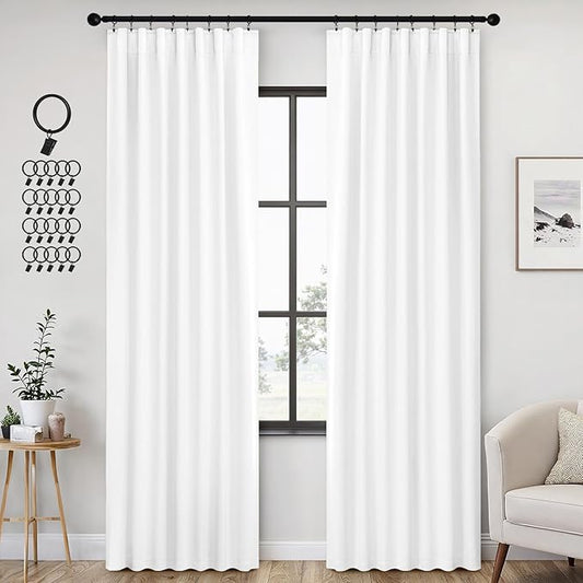 ANRODUO Back Tab Blackout Curtains for Bedroom Living Room, Rod Pocket Pinch Pleated Thermal Insulated Room Darkening Curtains 84 Inches Long 2 Panels, White, 42 x 84 Inch