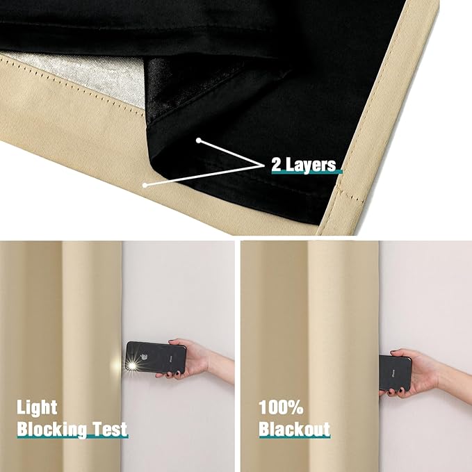 ChrisDowa 100% Blackout Curtains 78 inch Long for Bedroom with Black Liner, 2 Thick Layers Total Blackout Thermal Insulated Grommet Window Curtains 2 Panels Set (Beige, 42 x 78 Inch)