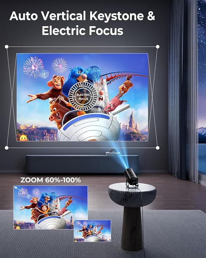 CLOKOWE Mini Projector, 4K 1080P Support projector with wifi and bluetooth,270°Adjustable Stand Outdoor Home Theater galaxy Projector with Android TV OS & 8000+APPS for Phone/TV Stick/Laptop/HDMI