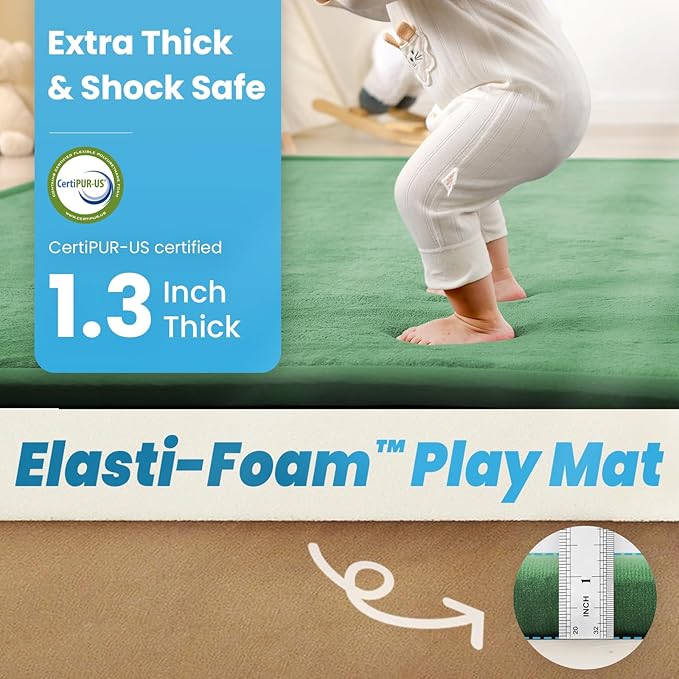 1.3" Thick Baby Play Mat for Floor, 39x59 Foam Tummy Time Mat, Padded Support Soft Plush Nursery Rug for Infant Kids Toddler Crawling Kick Activity (Emerald)