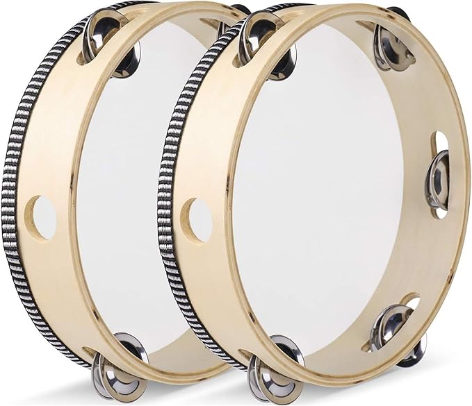 Flexzion Wood Handheld Tambourine 8" Inch Single Row 5 Pair Jingles (2 Pack, Wood) - Hand Held Percussion Drum Moon Musical Tambourine with Ergonomic Handle Grip