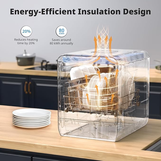 AIRMSEN Portable Countertop Dishwasher with 5L Water Tank, Mini Dishwasher with 14.6” Narrow & 20.1“ Deep Design, 9 Programs, 24H Delay Start & 360° Dual Spray, No Hookup Needed, C01, White