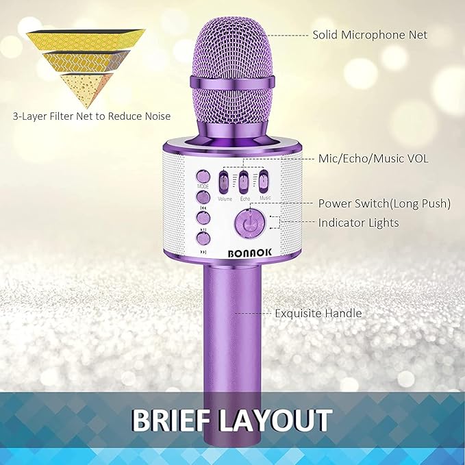 BONAOK Wireless Bluetooth Karaoke Microphone, 3-in-1 Portable Handheld Mic Speaker Machine for All Smartphones, for Girls Boys Kids Adults All Age Q37(Light Purple)