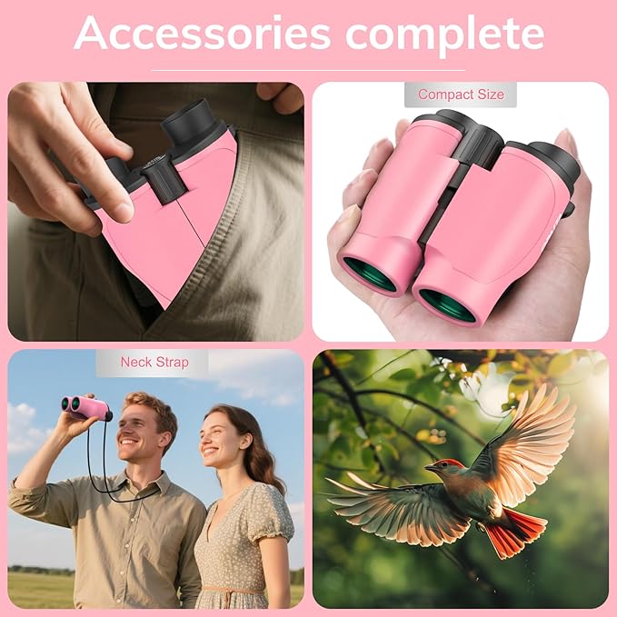 Compact Binoculars for Adults High Powered - OPAITA 20x32 Small Binoculars for Adults Kids with Low Light Vision for Hunting Cruise Ship Travel Concert Hiking Pink