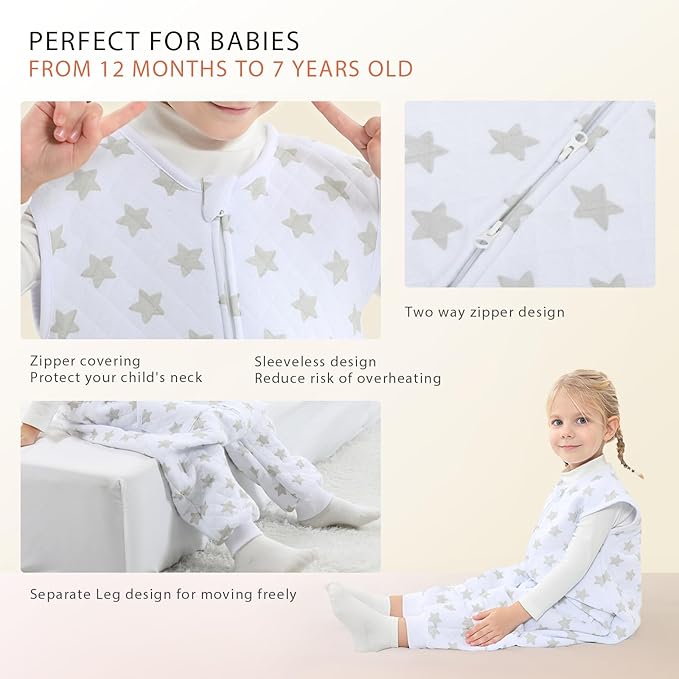 Baby Toddler Sleep Sack with Feet 2.5 TOG Winter, Wearable Blanket with Legs, Toddler Sleeping Sack Long Sleeve (Greystar, 3T-5T)