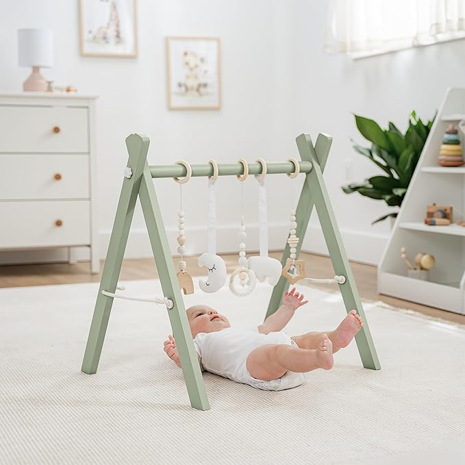 Comfy Cubs Wooden Baby Play Gym - Natural Finish Pinewood Baby Activity Gym with 5 Sensory Hanging Toys - Easy No-Tool Assembly, Safe and Durable for Infant Motor and Visual Development - Sage