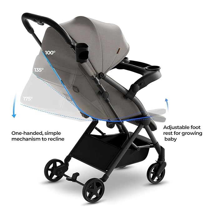 Mompush Lithe V2 Lightweight Travel Stroller, Compact Foldable Baby Stroller with Travel Bag, One-Hand Fold Stroller, Snack Tray, Mechanical Recline Seat, Airplane-Ready, UPF 50+ Canopy & Rain Cover