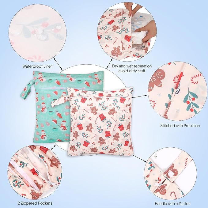 2pcs Cloth Diaper Wet Dry Bags, Waterproof Reusable Wet Bag with 2 Zipper Pockets & Handle, Washable Laundry Bags for Baby Adult Clothes Travel Beach Pool Daycare Yoga Gym Exercise Swimsuits,