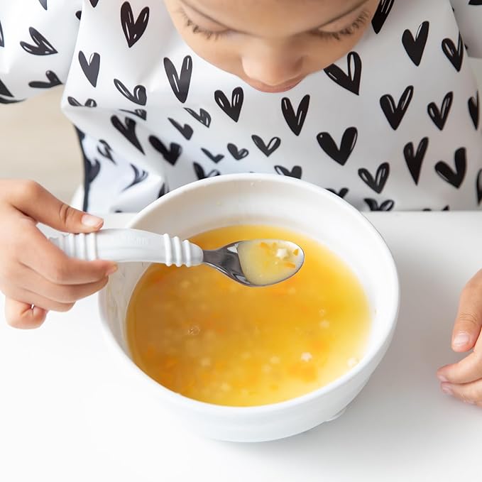 Bumkins Toddler Utensils, Kids Size Fork and Spoon Set, Silicone and Stainless-Steel Training Silverware, Angled Forks / Sporks for Self-Feeding, Children Hold Learning to Eat, 18 Months Up, Marble