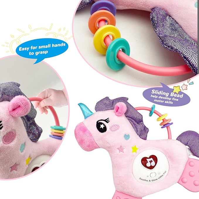 Baby Musical Activity Soft Toys with Sound & Light, Sensory Toys for Infant Developmental with Teether, Rattle and Textures, Soft Plush Toy for Newborn Gift 6 to 12 Months (Pink Unicorn)