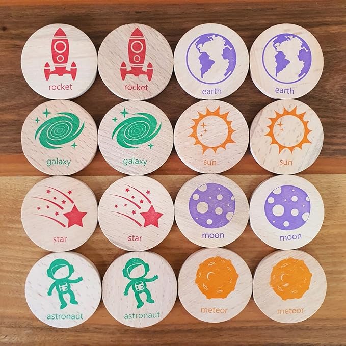 bee smart Wooden Memory Game - Matching Memory Game for Kids 3 and Up, 16Pcs | Educational Toy for Preschool Toddlers Board Games (Space)