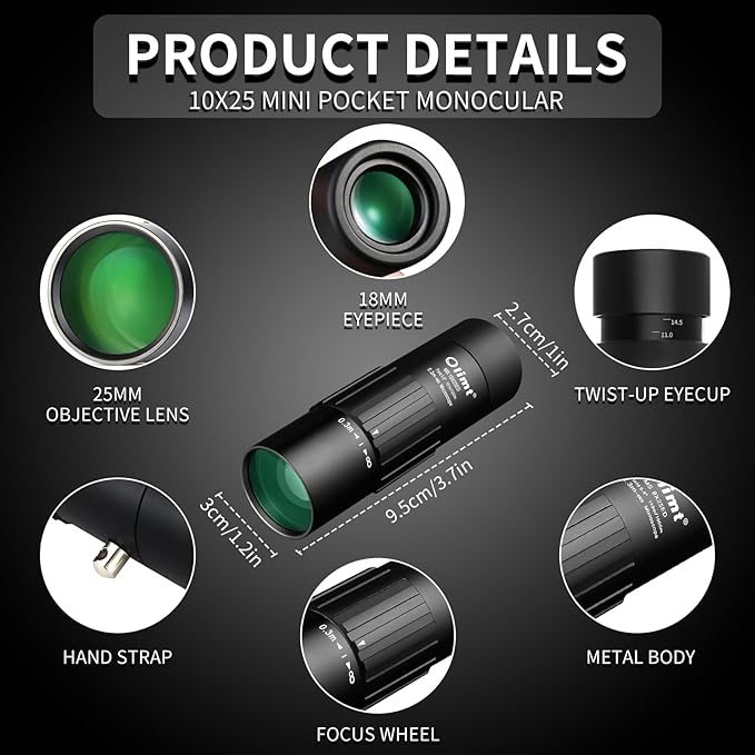 10x25 Monocular Telescope, Compact Mini Pocket Size Waterproof Fogproof for Bird Watching Hiking Camping, Black