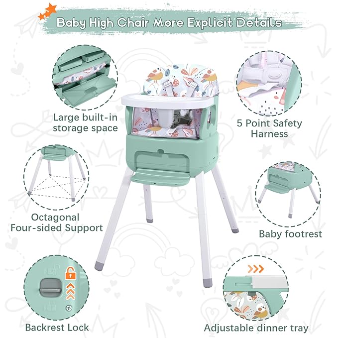 4 in 1 Portable Baby High Chair,Convertible Highchair for Babies and Toddlers-Foldable Infant Booster Seat,Carry Small Box,Dining Chair,Toddler High Chair with 5-Point Harness,Removable Tray-Green