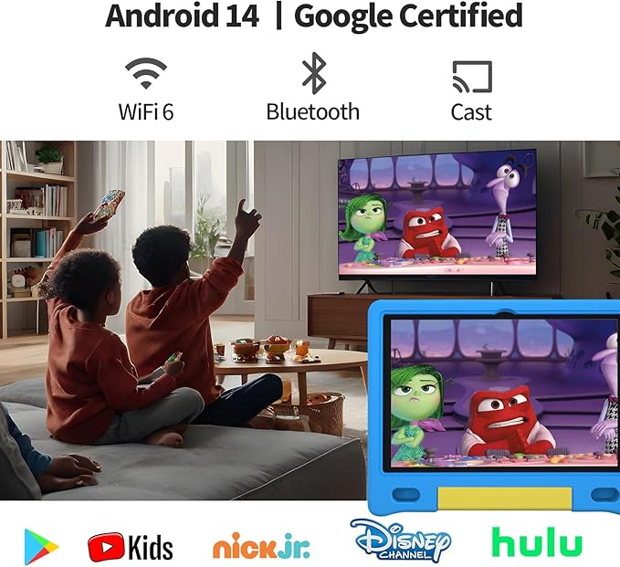 JREN Kids Table 10.1" ｜Android 14 Tablet for Kids｜64GB Storage｜Octa-Core｜WiFi ｜Cameras｜Parental Control｜Kids Content｜Case Included Great Gift for Children Ages 3-12 Years Old Blue