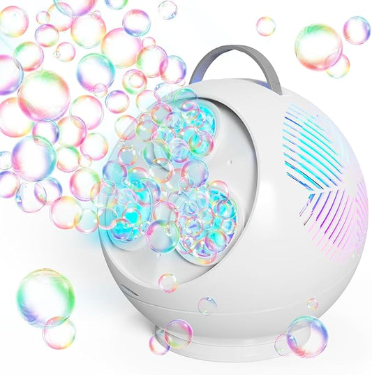 Bubble Machine Automatic Bubble Blower for Kids Toddlers Rechargeable Portable Spherical LED Bubble Maker Electric Auto Rotating 45°/360° Outdoor Toy Birthday Party Wedding (Spherical White)