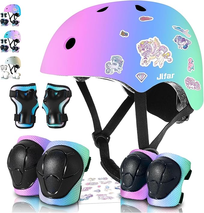 Adjustable Kids Bike Helmet with Knee & Elbow Pads Set, Color Gradient Design for Boys and Girls Aged 3-14+, for Skateboarding, Scooter, Roller & Inline Skating, Longboard