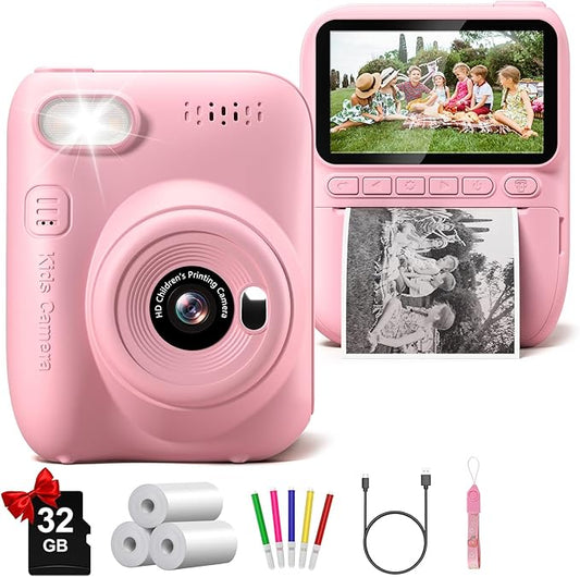 Instant Print Camera for Kids, 3.0" HD 32MP Kids Camera 1080P with 3 Rolls of Printer Paper, Birthday Gifts Toy for 3-12 Year Old Girls Boys with 32GB SD Card-Pink