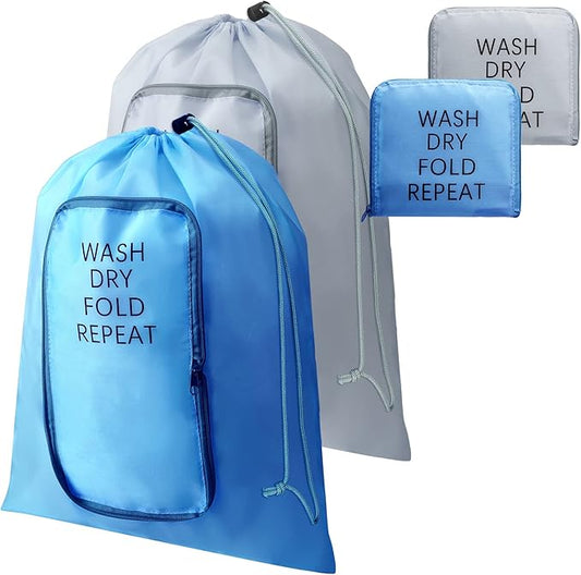 2 Pcs Travel Laundry Bag Washable Dirty Clothes Bag with Drawstring and Zipper for Suitcase, 22 x 18 Inch (Gray, Blue,Classic)