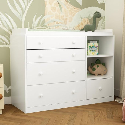 Changing Table Dresser, Baby Classic Nursery Dresser with 5 Drawers and 2 Shelves, Multi-Functional Baby Changing Table, Diaper Changing Station for Children's Room, White