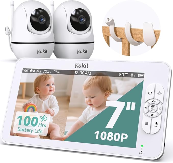 7" 1080P Full HD Split-Screen Baby Monitor,100 Hrs 5000mAh Battery Runs 4 Days with Flexible Bracket,No WiFi Baby Monitor with 2 FHD Cameras Hack-Proof,4X Zoom,2-Way Talk,Temp Alert/Lullabies/VOX